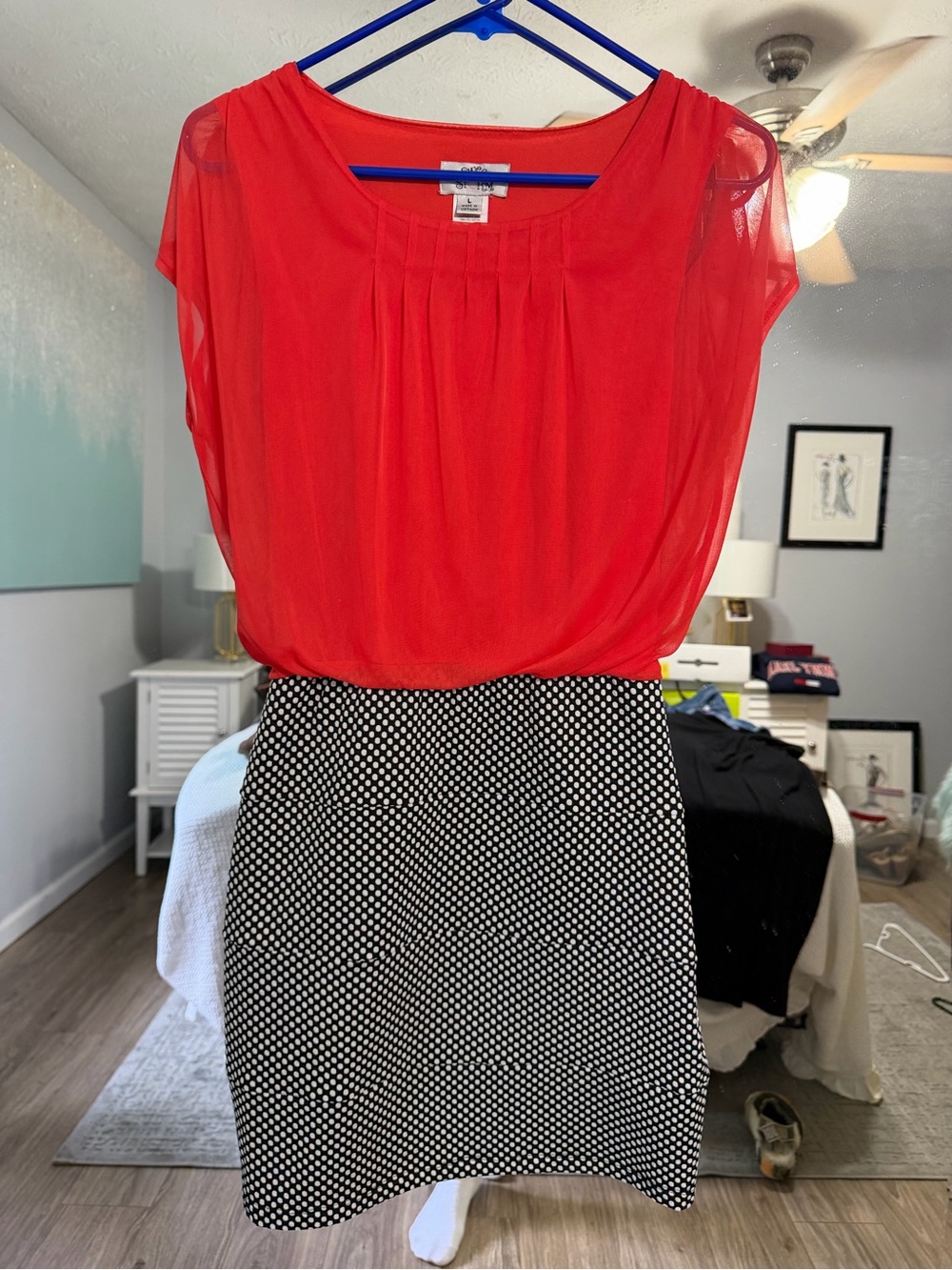 Sweet Storm Red Blouson with Black-and-White Polka Dot Pencil Skirt